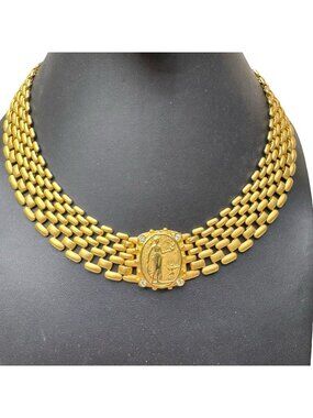 Vintage Panther Link Coin Egyptian Gold-Tone Choker Necklace Coin Medallion 15"